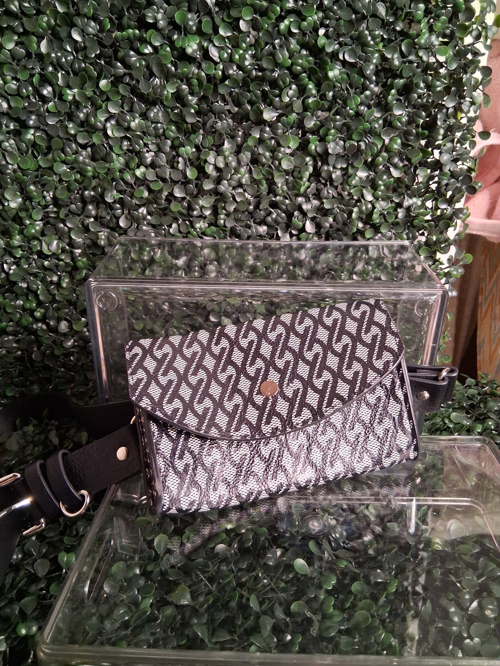 Monogram Pattern Black & White Crossbody Belt Bag